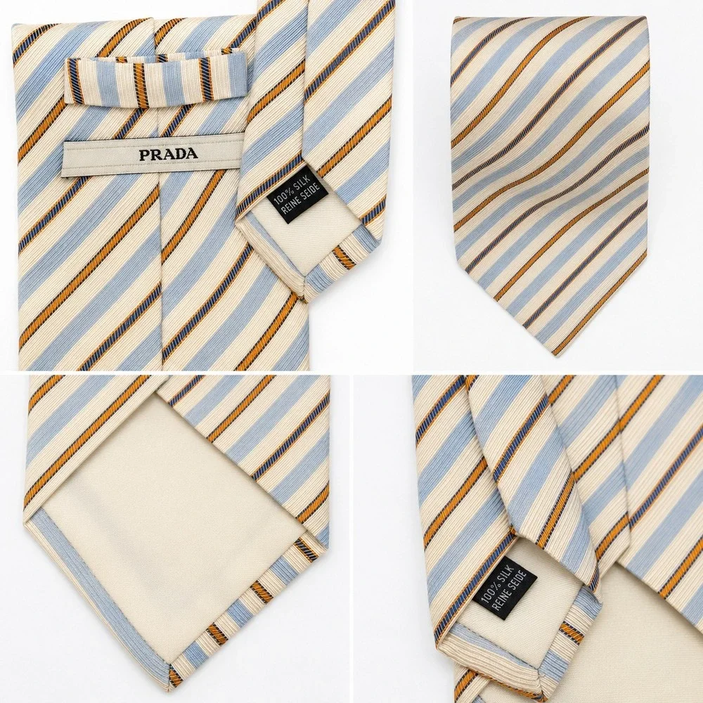 Vtg Prada Silk Repp Tie Blue Cream Striped Made in Italy Designer 3.75
